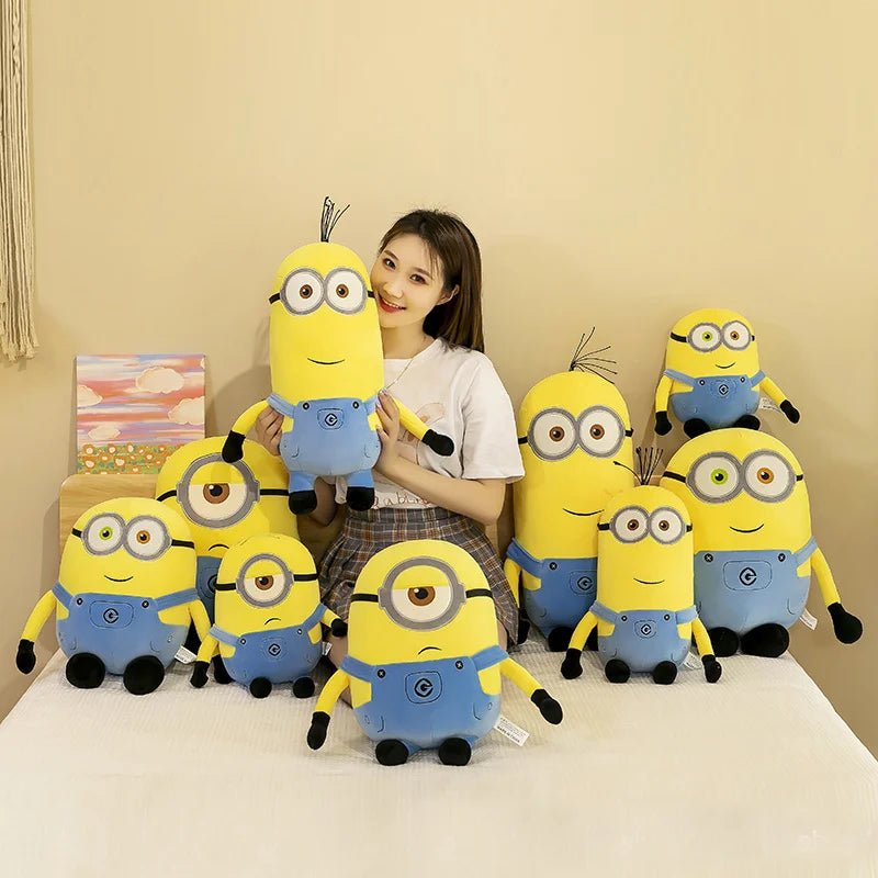 Minions brinquedos de pelúcia em jeans bonecas macias travesseiro decoração crianças presentes - PrimeImpérios