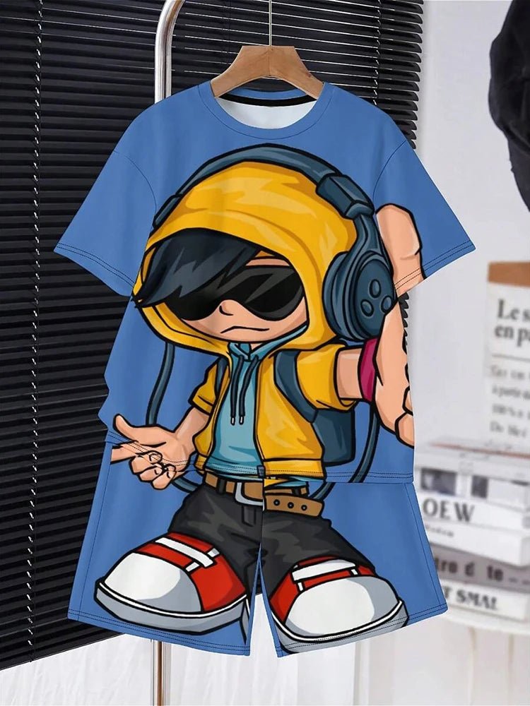 Crianças roupas 2 pçs meninos diversão dos desenhos animados urso impressão, manga curta camiseta e shorts, verão meninos ativos completo olhar elegante - PrimeImpérios