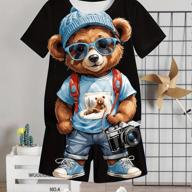 Crianças roupas 2 pçs meninos diversão dos desenhos animados urso impressão, manga curta camiseta e shorts, verão meninos ativos completo olhar elegante - PrimeImpérios