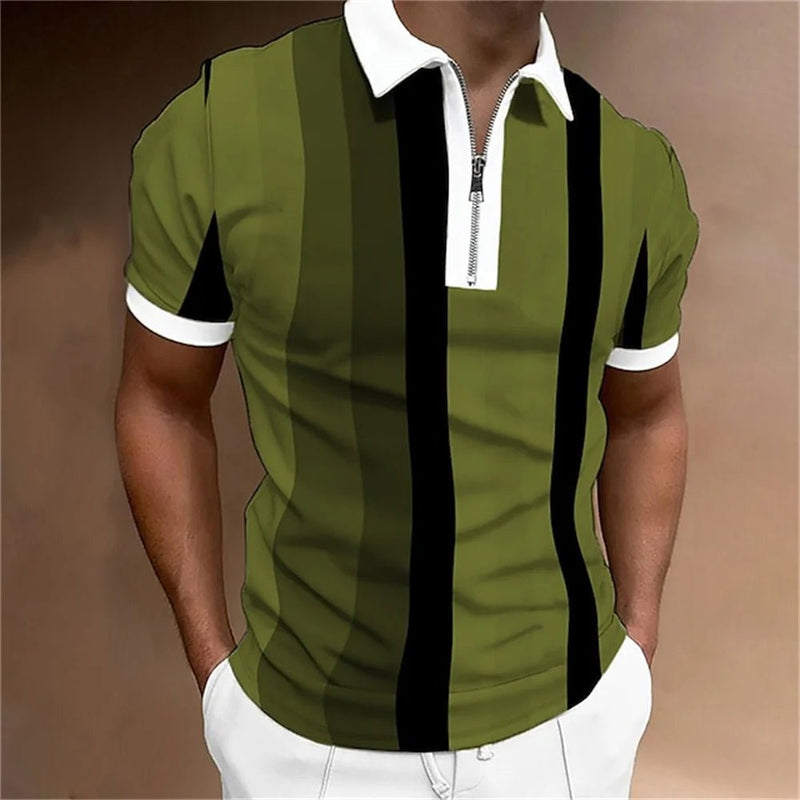 Camisa polo masculina listrada manga curta camiseta masculina respirável tops negócios gola virada para baixo streetwear marca de luxo de alta qualidade - PrimeImpérios