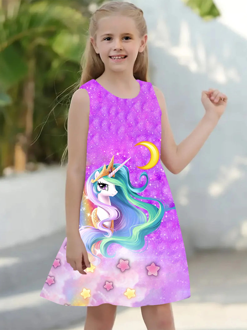 Vestido para meninas , roupas infantis casuais sem mangas com estampa 3d, vestido de princesa unicórnio para meninas de 2 a 7 anos