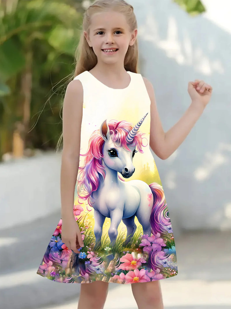 Vestido para meninas , roupas infantis casuais sem mangas com estampa 3d, vestido de princesa unicórnio para meninas de 2 a 7 anos