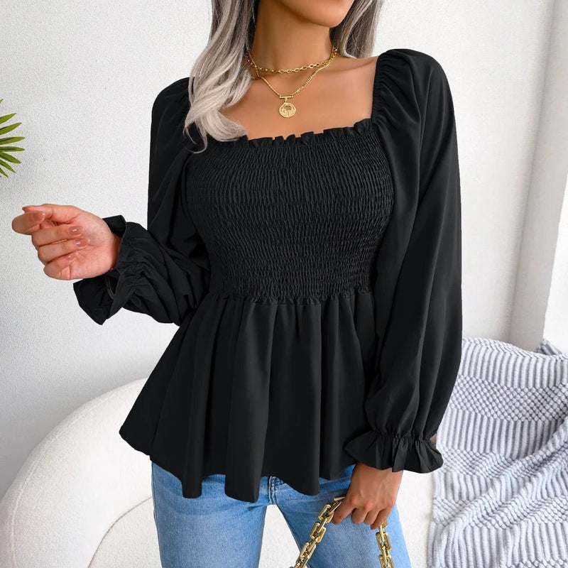 Blusa feminina chiffon, manga comprida casual babados peplum top - PrimeImpérios