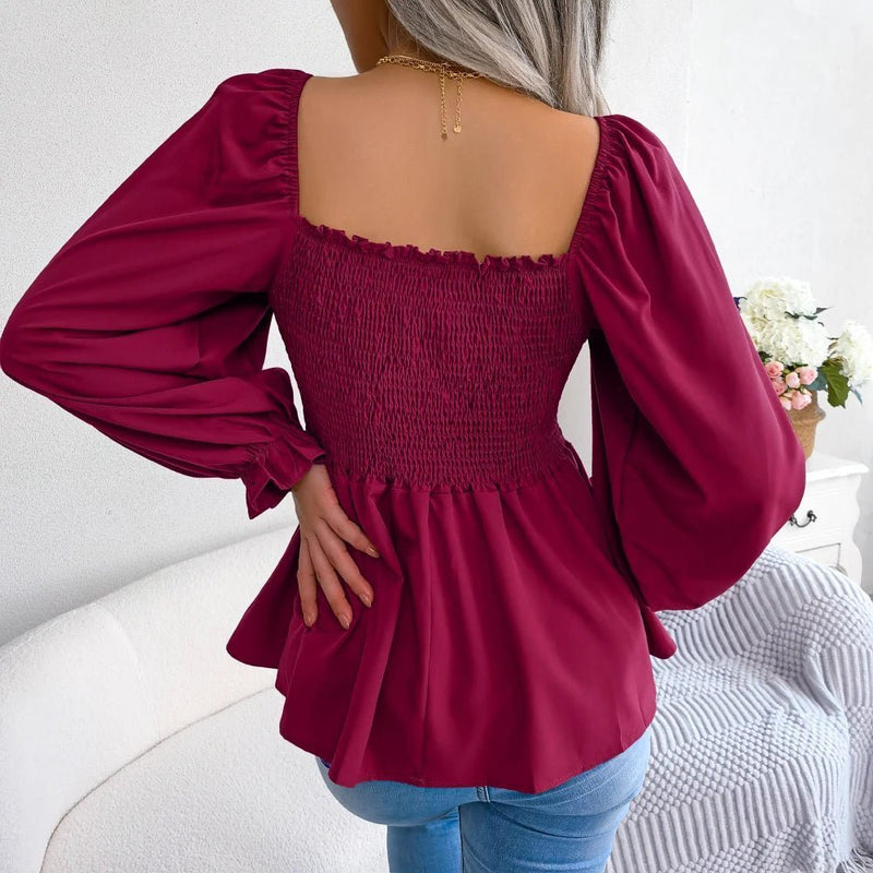 Blusa feminina chiffon, manga comprida casual babados peplum top - PrimeImpérios