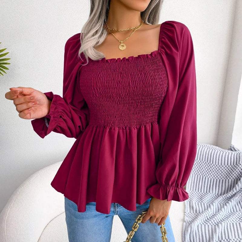 Blusa feminina chiffon, manga comprida casual babados peplum top - PrimeImpérios