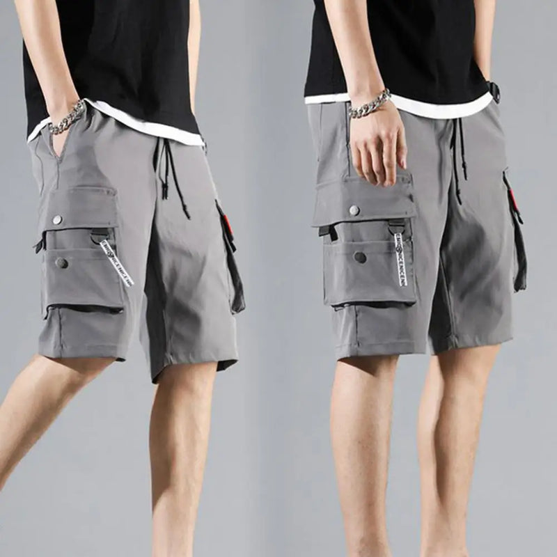 Shorts cargo masculino, cor sólida, vários bolsos, calças curtas, verão, cintura elástica, cordão cargo, shorts casuais masculinos