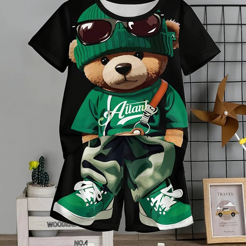 Crianças roupas 2 pçs meninos diversão dos desenhos animados urso impressão, manga curta camiseta e shorts, verão meninos ativos completo olhar elegante - PrimeImpérios