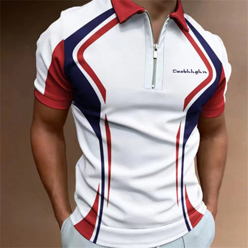 Camisa polo masculina listrada manga curta camiseta masculina respirável tops negócios gola virada para baixo streetwear marca de luxo de alta qualidade - PrimeImpérios