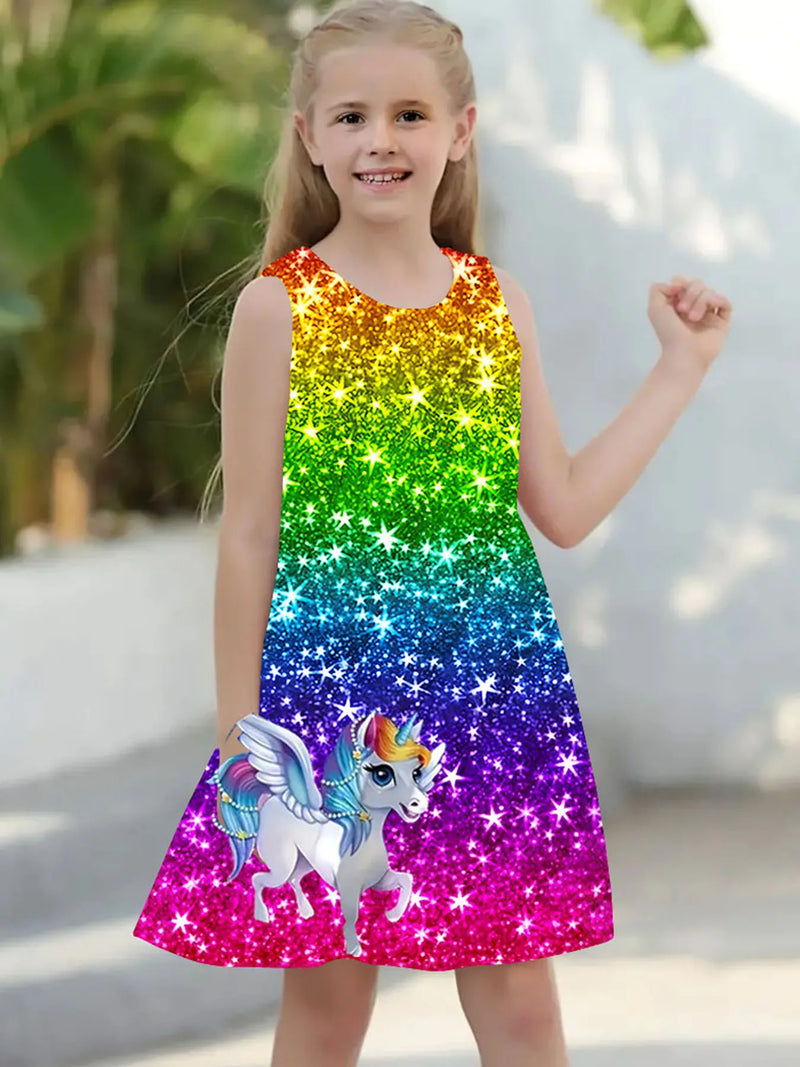 Vestido para meninas , roupas infantis casuais sem mangas com estampa 3d, vestido de princesa unicórnio para meninas de 2 a 7 anos