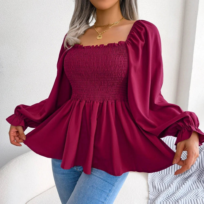 Blusa feminina chiffon, manga comprida casual babados peplum top - PrimeImpérios