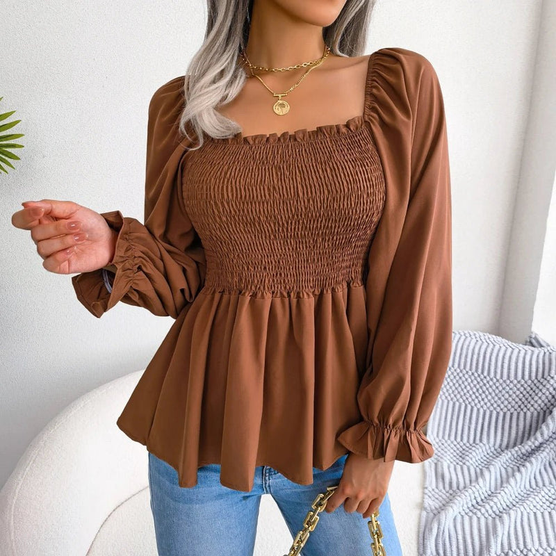 Blusa feminina chiffon, manga comprida casual babados peplum top - PrimeImpérios