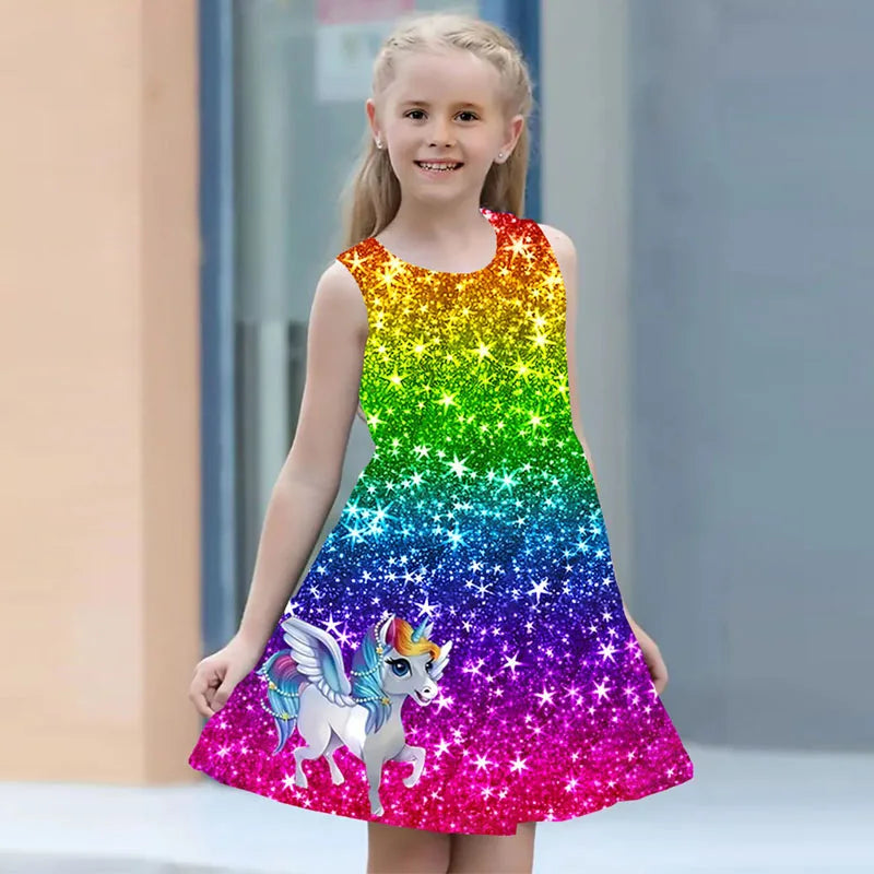 Vestido para meninas , roupas infantis casuais sem mangas com estampa 3d, vestido de princesa unicórnio para meninas de 2 a 7 anos