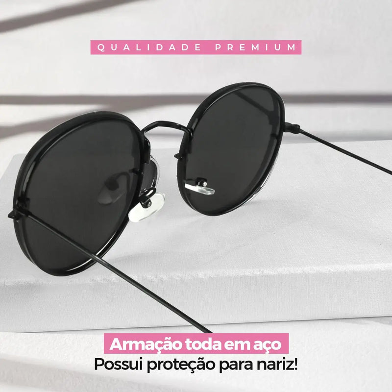 Óculos de Sol Feminino Aço Inox Preto Casual Praia + Estojo