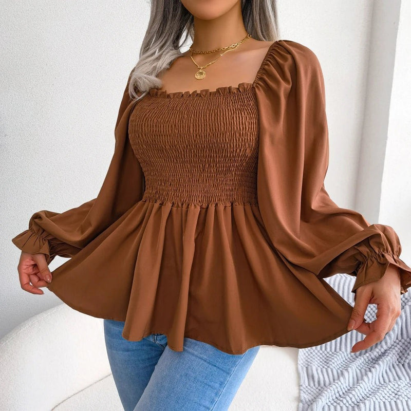 Blusa feminina chiffon, manga comprida casual babados peplum top - PrimeImpérios