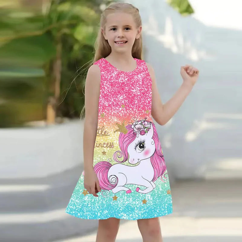 Vestido para meninas , roupas infantis casuais sem mangas com estampa 3d, vestido de princesa unicórnio para meninas de 2 a 7 anos